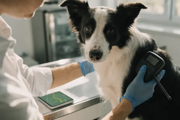 A veterinarian uses a handheld scanner to check a Border Collie's microchip in a modern clinic.