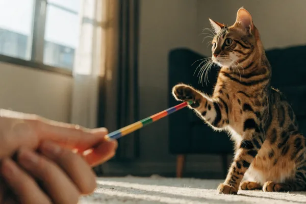 A focused Bengal cat touches a target stick during a positive reinforcement training session.