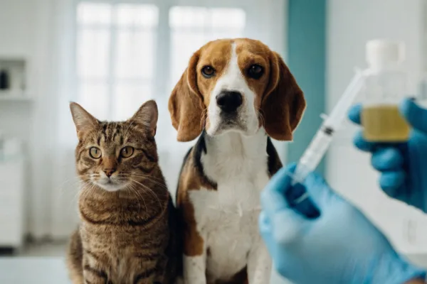 A cat and dog at the vet awaiting deworming treatment for intestinal parasites like tapeworms and roundworms.