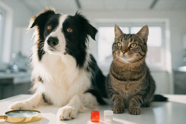 A Border Collie and a grey Tabby cat sit side-by-side on a veterinary examination table.