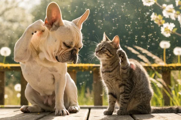 A French Bulldog and tabby cat scratching itchy skin amid floating spring pollen illustrate environmental allergies in pets.