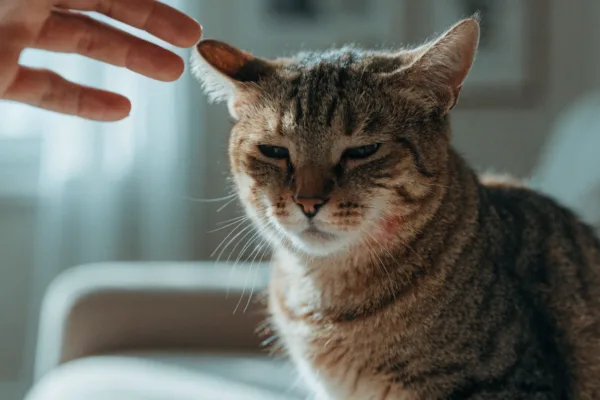 A tabby cat shows signs of allergic dermatitis, possibly reacting to human dander and skin cells in the home environment.