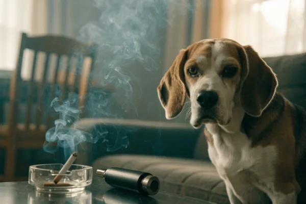 A beagle sits on a couch beside a smoldering cigarette and vape device, illustrating how indoor smoke harms pets' lungs.