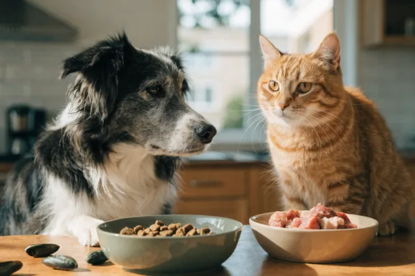 A healthy senior dog and older cat sit beside their targeted, nutrient-rich food bowls in a sunlit room.
