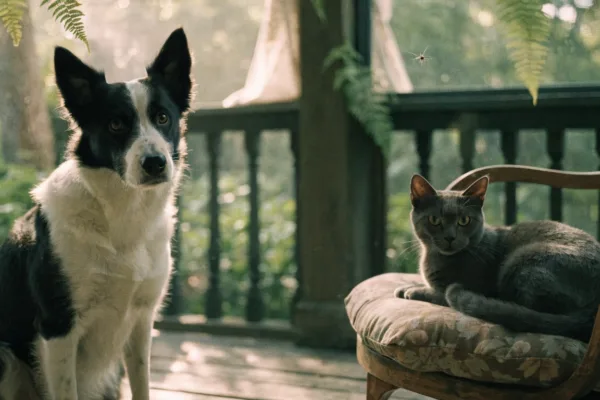 A dog and cat relax on a humid Southern porch, where mosquitoes put both at risk for heartworm.