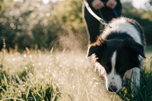 A Border Collie deeply focused on scent work during a sniffari walk, getting mental enrichment.