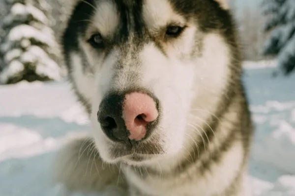 A Siberian Husky displays a partially pink "snow nose" while sitting in a snowy winter landscape.