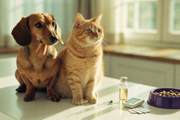 A diabetic Dachshund and tabby cat beside insulin, syringe, and glucose monitoring supplies for at-home pet diabetes care.