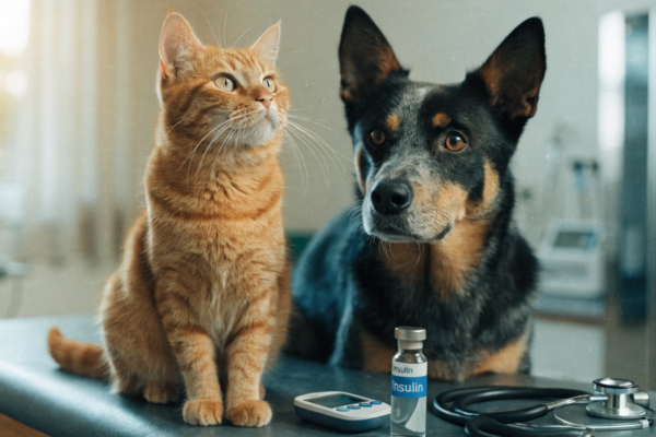 A dog and a cat sit together on a veterinary examination table beside a blood glucose monitor and stethoscope.