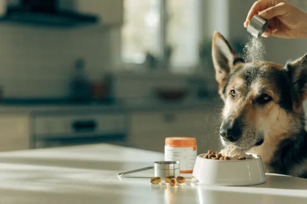A senior German Shepherd waits as joint supplement powder and omega-3 capsules are added to its dinner bowl.