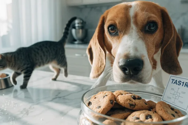 A beagle covets cookies while a tabby cat walks away, illustrating why dogs taste sweetness but cats cannot.