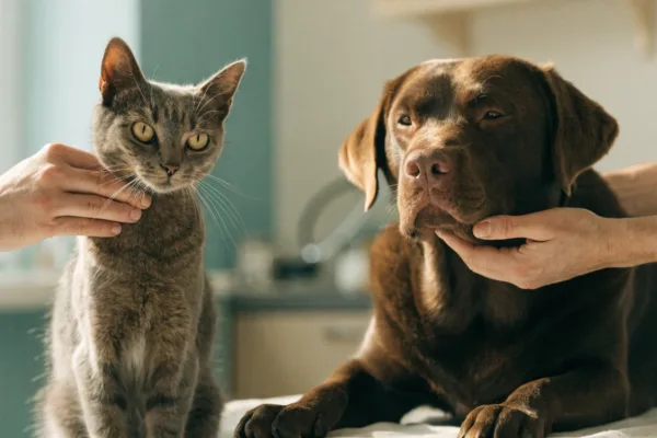 A veterinarian palpates the necks of a lean senior cat and a heavier dog, illustrating hyperthyroidism versus hypothyroidism.