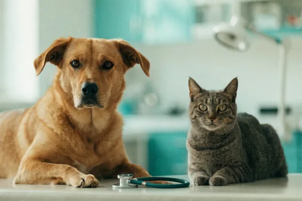 A dog and cat sit side by side on a veterinary exam table, illustrating cost differences in pet insurance claims.