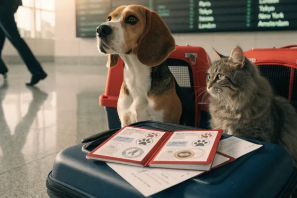 A dog and cat await international travel beside their pet passports, vaccination papers, and stamped documents at an airport terminal.