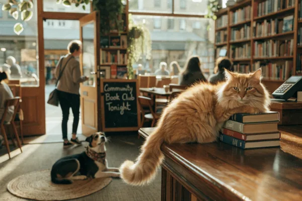 A library cat perches on a bookstore counter while a friendly store dog greets customers, illustrating how animals draw communities to local businesses.