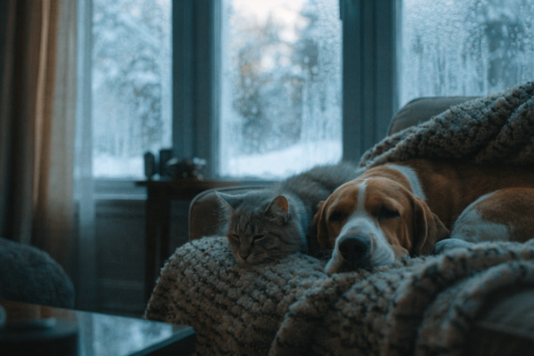 A dog and cat curled up together under a blanket, resting during a gloomy winter day.