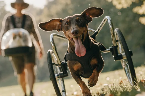 A happy dachshund in a dog wheelchair explores a park trail while a cat rides in a backpack carrier nearby.