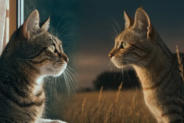 A domestic tabby cat and an African wildcat face each other, displaying their nearly identical ears, whiskers, and night-adapted eyes.