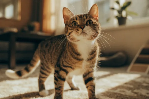 A wobbly tabby kitten with cerebellar hypoplasia stands confidently on a soft rug in an adapted living space.