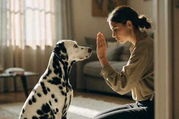 Owner gives a gentle hand signal to an attentive deaf Dalmatian during visual training in a sunlit living room.