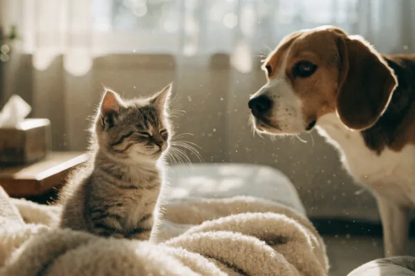 A sneezing gray tabby kitten and a curious beagle sharing a cozy living room, illustrating cross-species pet health concerns.