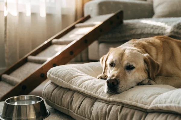 A gray-muzzled senior dog relaxes on an orthopedic bed beside a pet ramp leading to the couch.
