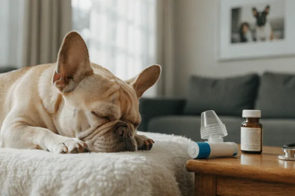 A sleeping French Bulldog rests beside pet asthma medication, highlighting respiratory care for flat-faced breeds.