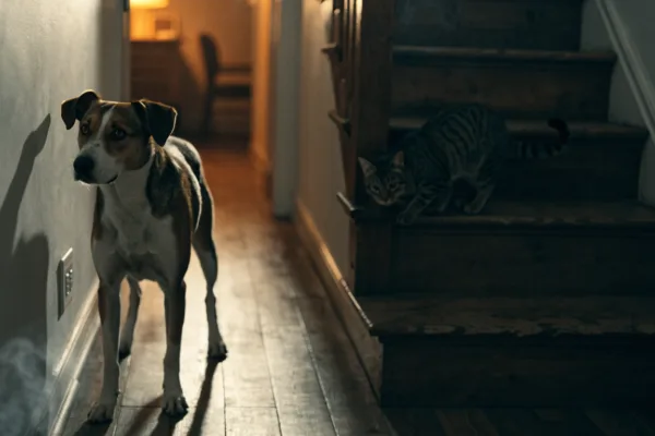 A dog and cat stare intently at a wall hiding smoldering wiring their senses detect before any alarm.