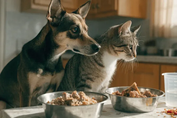 An underweight dog and cat await carefully prepared, nutrient-rich meals to support safe, healthy weight gain.
