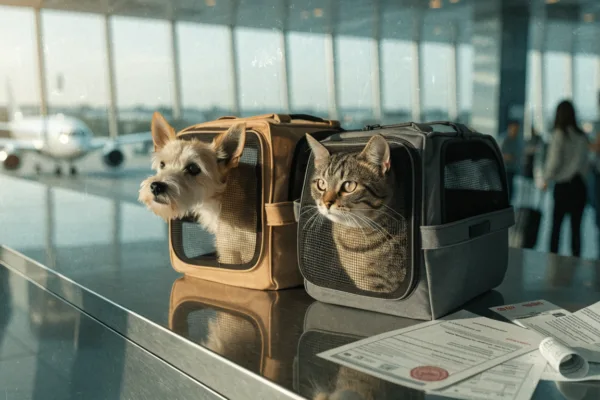 A dog and a cat in airline-approved carriers sit on an airport counter surrounded by pet travel documents.