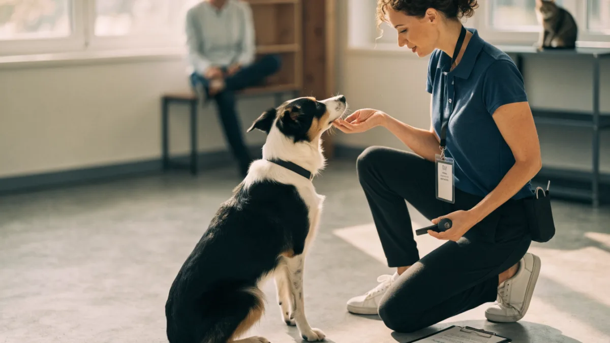 A certified dog trainer uses positive reinforcement during a one-on-one session with an anxious dog.
