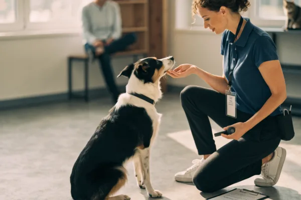A certified dog trainer uses positive reinforcement during a one-on-one session with an anxious dog.