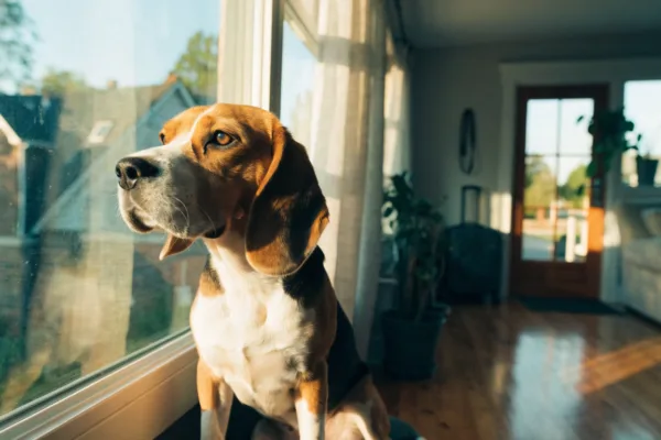 A beagle waits by the window beside packed luggage, reflecting the emotional impact of leaving pets in overnight care.