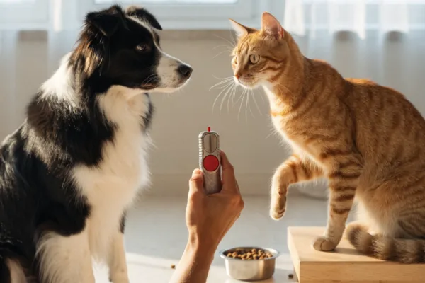 A dog and cat both attentively respond to a handheld clicker during marker training, illustrating species-specific learning differences.