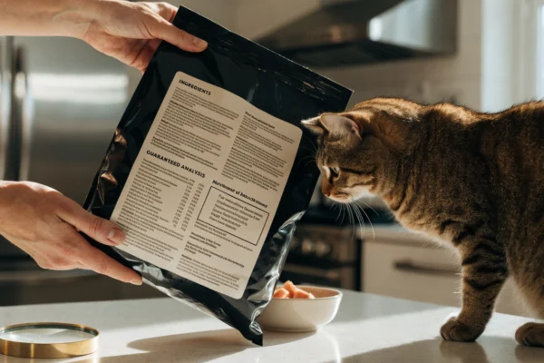 A pet owner closely examines the ingredient list and AAFCO statement on a bag of cat food while her tabby looks on.