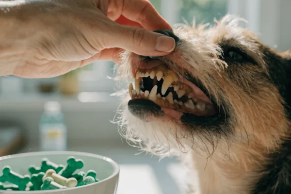 A dog's plaque-covered teeth revealed beside dental chews and water additives that failed to prevent tartar.