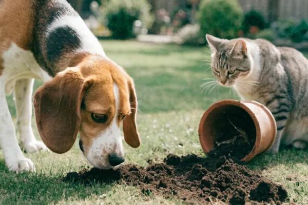 A dog and cat investigate exposed garden soil, illustrating why both pets sometimes snack on dirt.