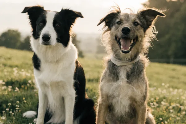 A purebred border collie and a mixed-breed rescue dog sit together in golden light, symbolizing the alliance between ethical breeders and rescue advocates.