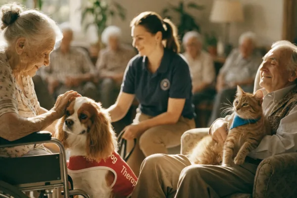 A vested therapy dog and relaxed tabby cat comfort elderly residents during a nursing home visit.