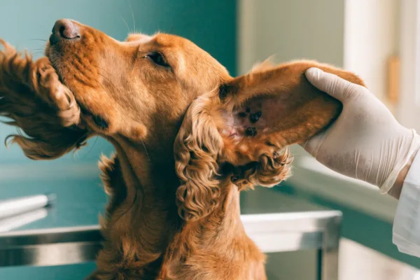 Veterinarian examines a Cocker Spaniel's red, irritated ear to determine if head shaking stems from mites or infection.