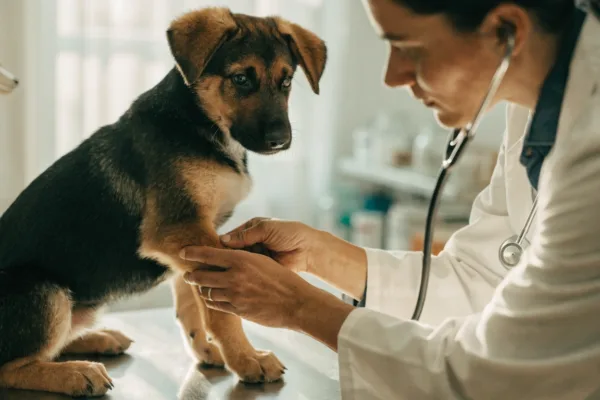 A veterinarian examines a German Shepherd puppy's hip and knee joints during an orthopedic wellness check.