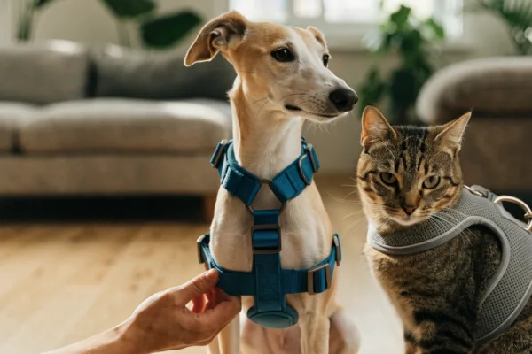 A whippet and a shy tabby cat model properly fitted anti-slip escape-proof harnesses with secure buckles.