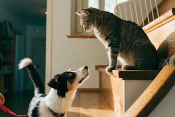 A resident tabby cat calmly observes a new dog on-leash during a controlled first introduction at home.