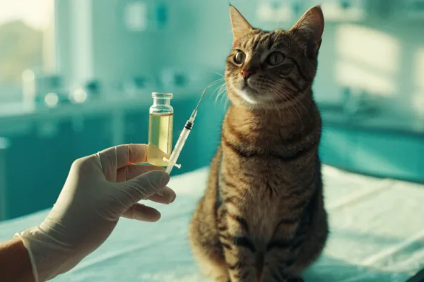 A cat recovered from FIP sits beside a vial of GS-441524 antiviral medication at a veterinary clinic.
