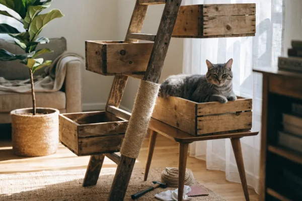 A cat lounges on a stylish DIY cat tower built from a vintage ladder, wooden crates, and old side table.