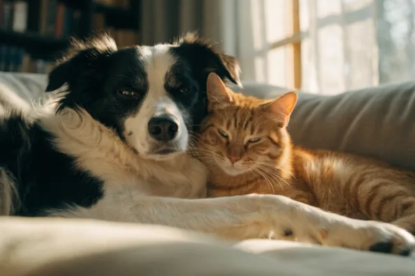 A border collie and tabby cat cuddle together, illustrating oxytocin-driven interspecies bonding.