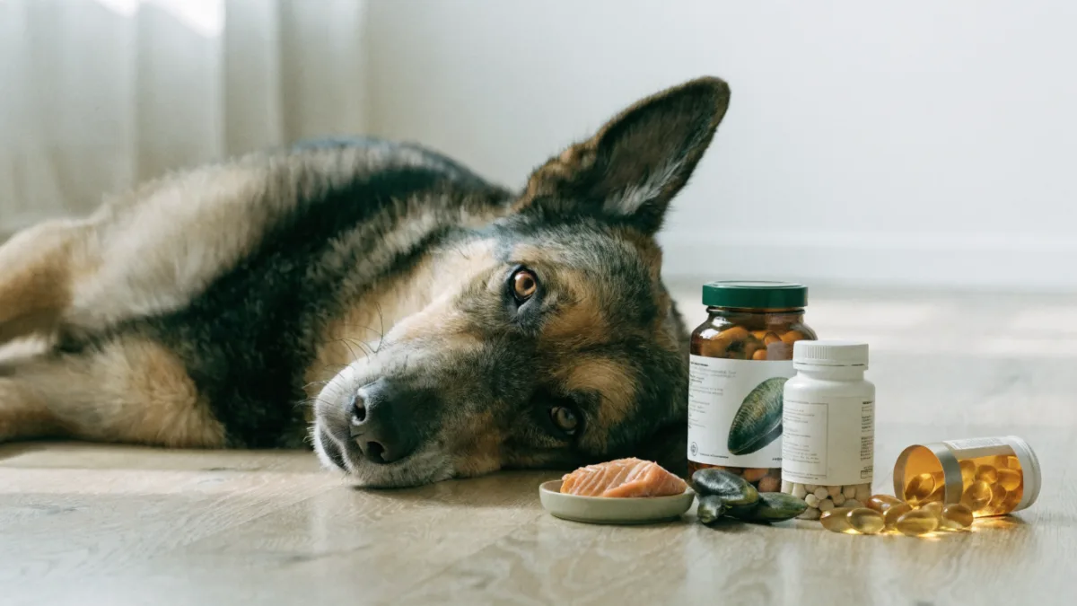 A senior German Shepherd rests beside glucosamine, green-lipped mussel, and omega-3 pet joint supplements.