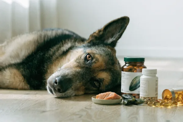 A senior German Shepherd rests beside glucosamine, green-lipped mussel, and omega-3 pet joint supplements.