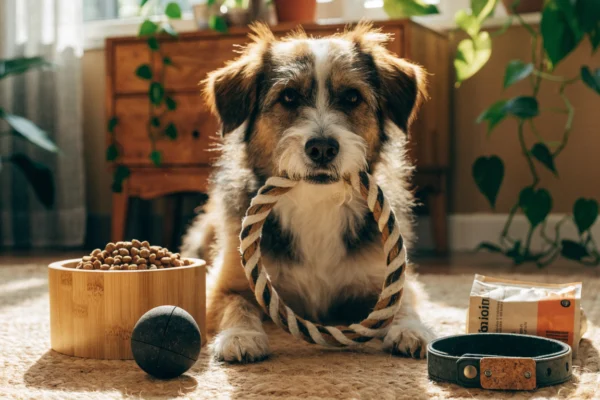 A rescue dog surrounded by eco-friendly pet products including a hemp toy, bamboo bowl, and recycled collar in a sunlit home.