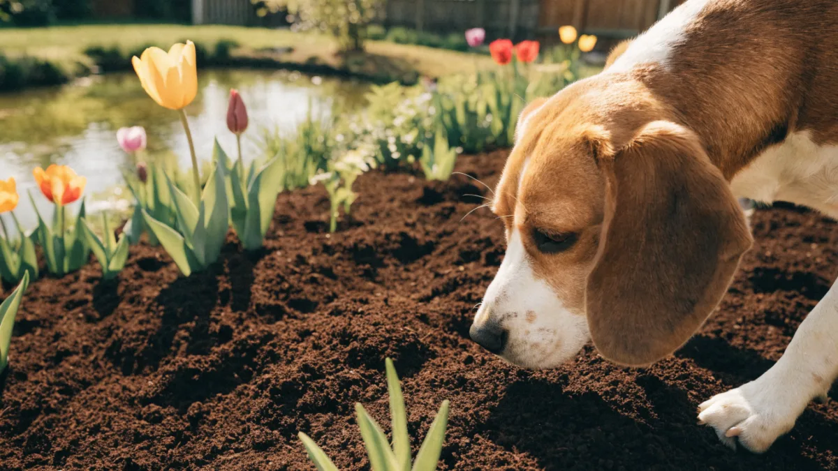 A beagle sniffs cocoa mulch in a spring garden bed while a green-tinted pond looms behind, illustrating hidden backyard toxins.